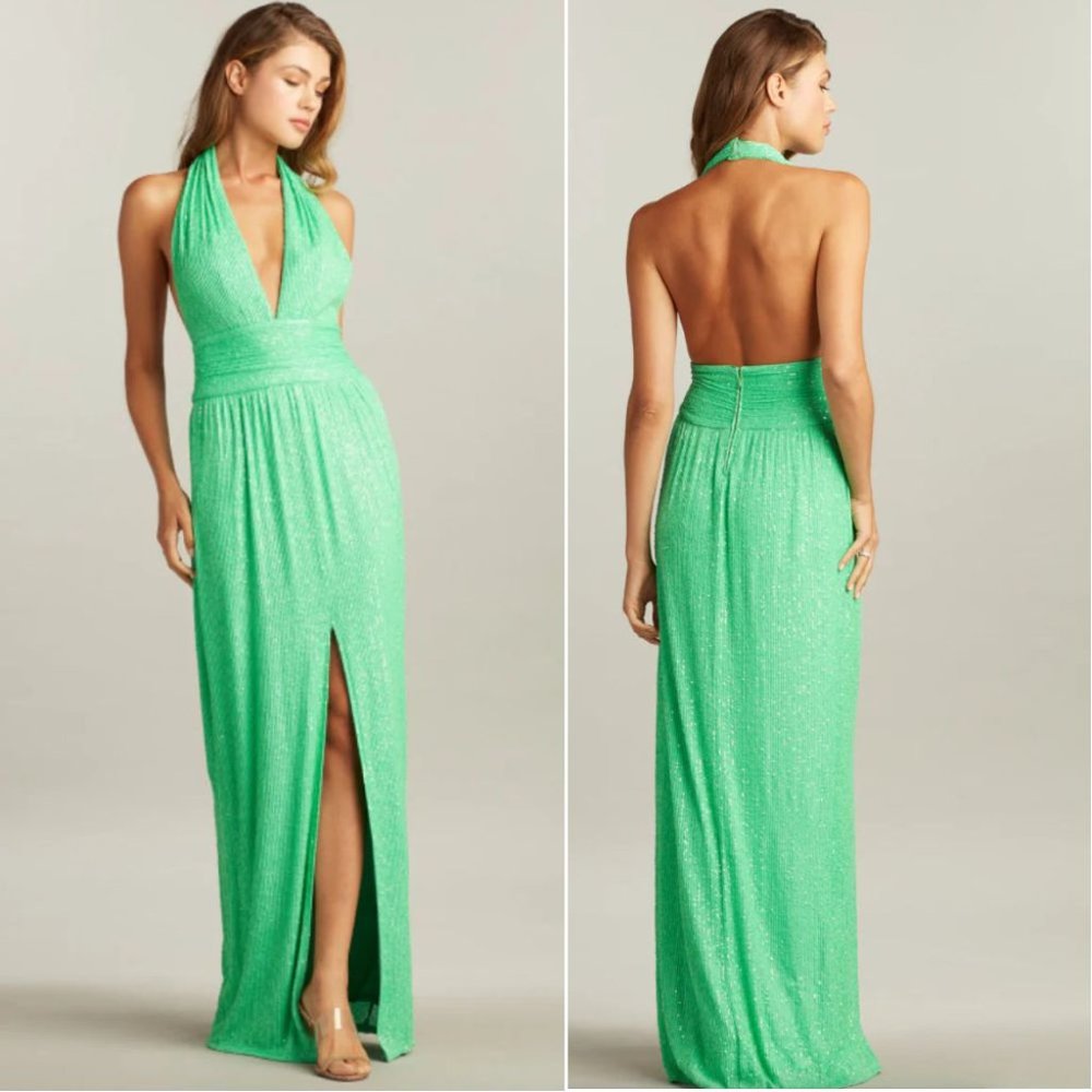 SHO TADASHI SHOJI Sasha Sequin Halter Maxi GOWN Dress Size 10 Lime Green NEW